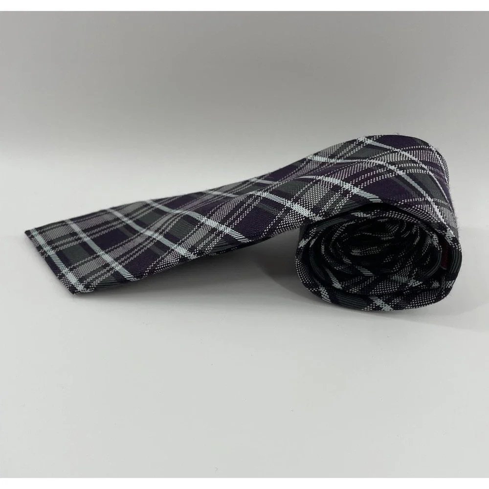 Penguin Black Purple Plaid Tie Silk Wool Blend Narrow Skinny Necktie Vtg 2.75